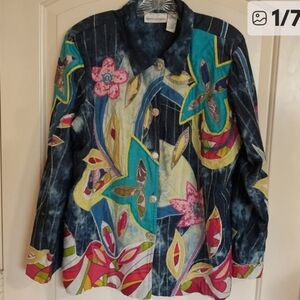 Bold, Jean-Style XL Jacket With Blue, Yellow, Red  Turquoise Flowers